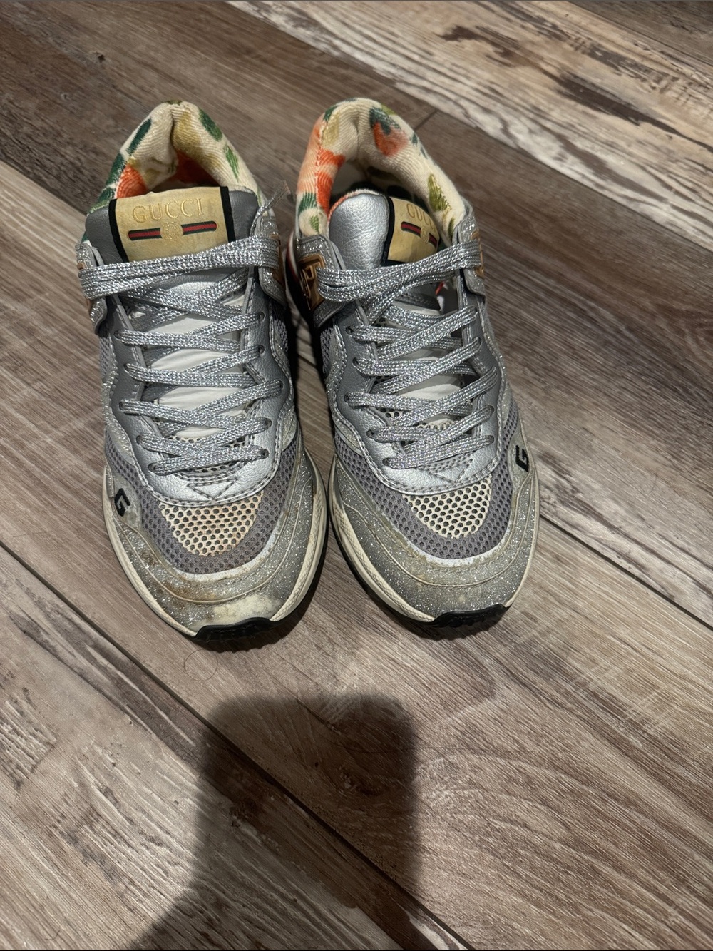Gucci WOMENS Silver Mesh & Leather Sneakers with Floral Lining
